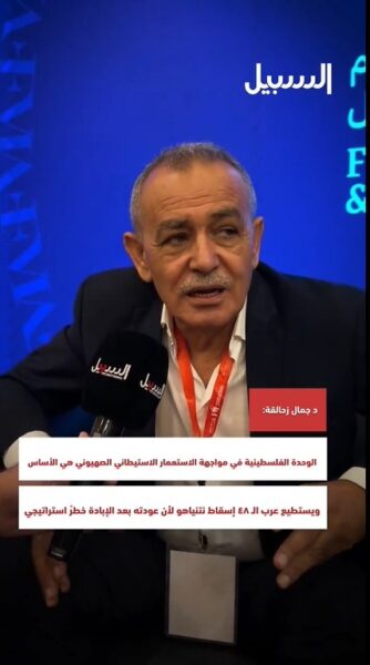 زحالقة: الوحدة الفلسطينية في مواجهة الاستعمار الاستيطاني الصهيوني هي الأساس